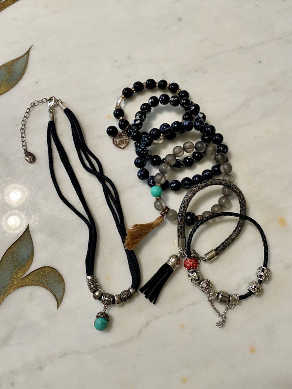Boho Chic Jewelry Bundle Necklace & Bracelets Set Black Turquoise